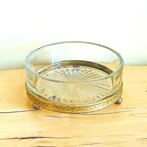 Bowl Glass Vtg Gold Vanity Powder Trinket Dish Jewelry Footed Hollywood Regency